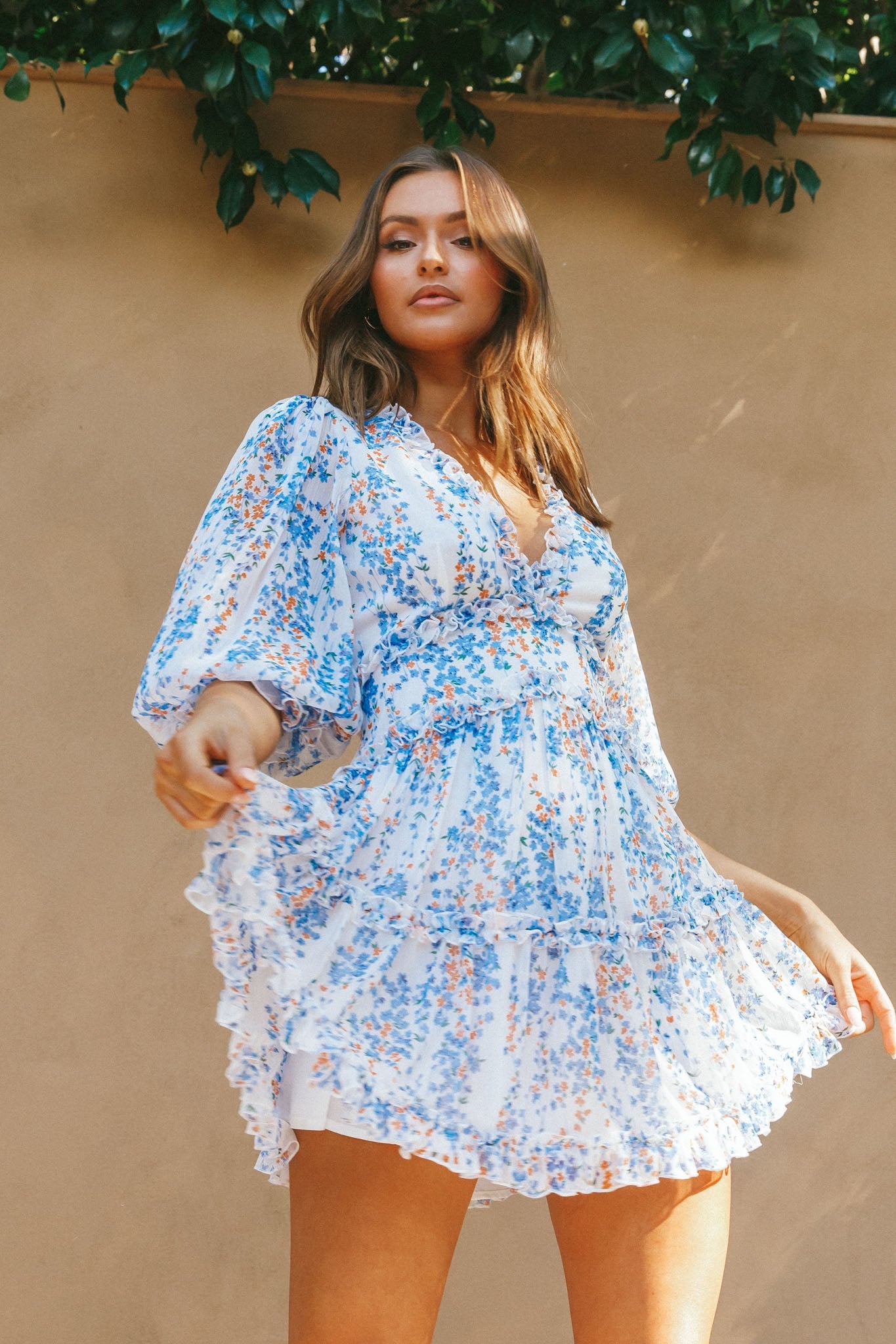 Laney Cutout Back Ruffle Detail Floral Dress White-Maymioy