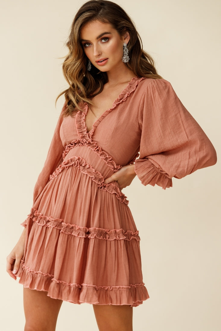 Laney Cutout Back Balloon Sleeve Dress Rose-Maymioy