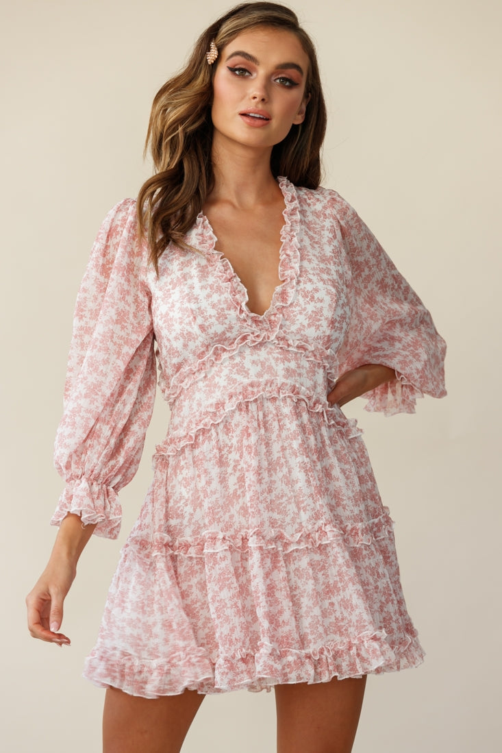 Laney Cutout Back Ruffle Trim Dress Floral Print Blush-Maymioy