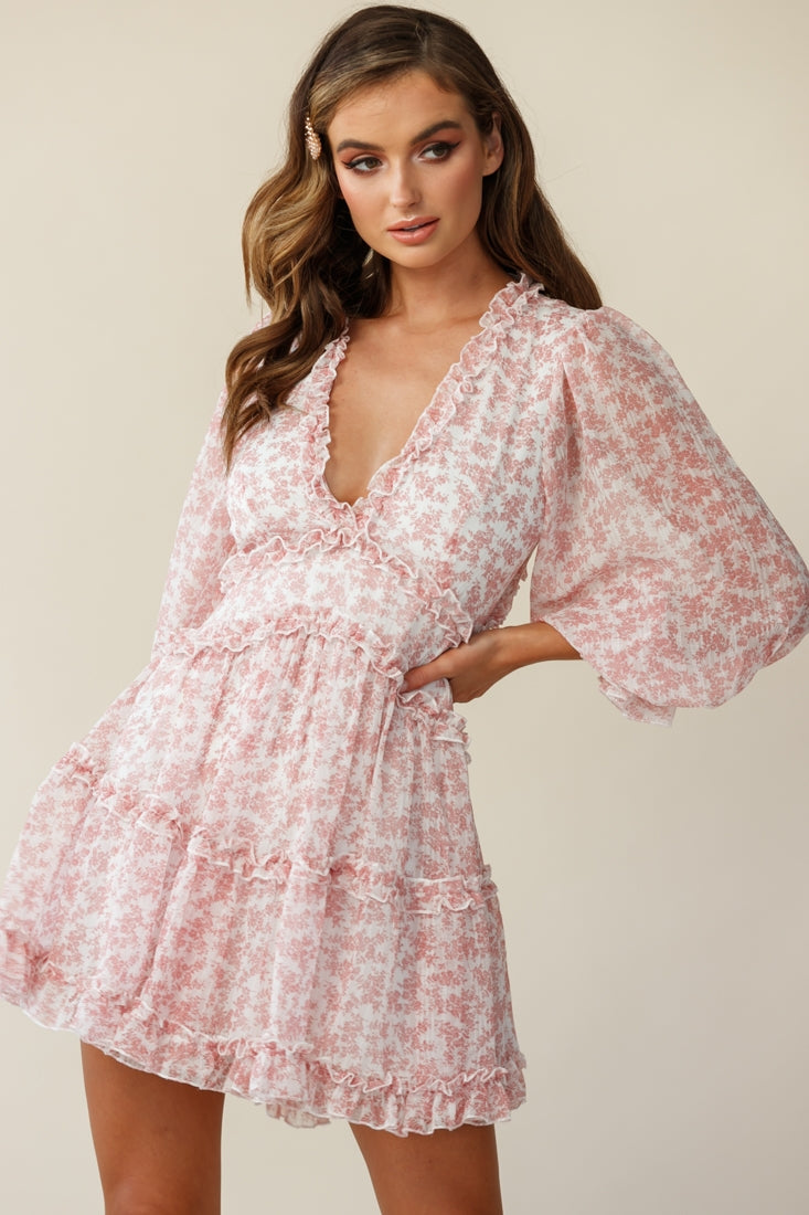 Laney Cutout Back Ruffle Trim Dress Floral Print Blush-Maymioy