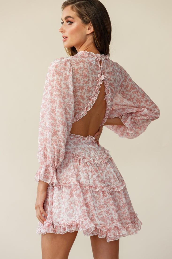 Laney Cutout Back Ruffle Trim Dress Floral Print Blush-Maymioy