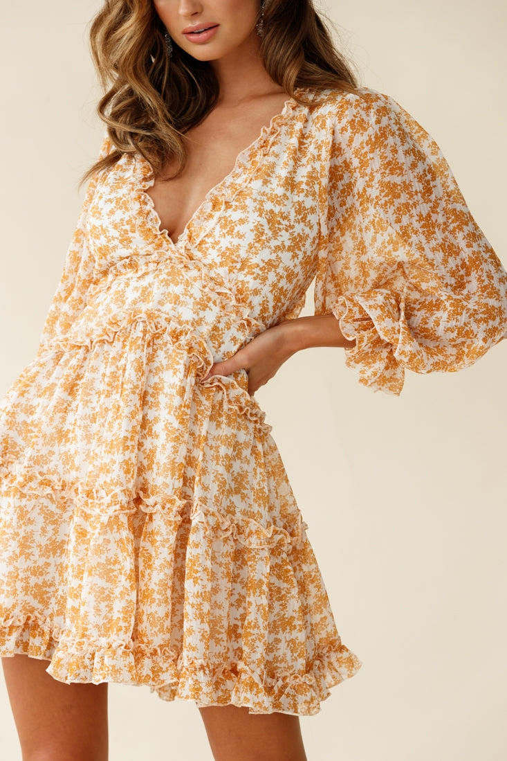 Laney Cutout Back Balloon Sleeve Dress Floral Print Mustard-Maymioy