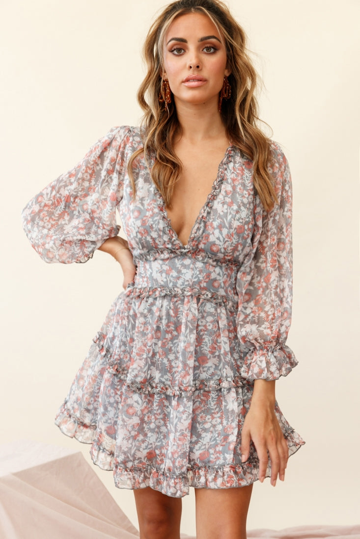 Laney Cutout Back Ruffle Trim Dress Floral Print Grey/Orange-Maymioy