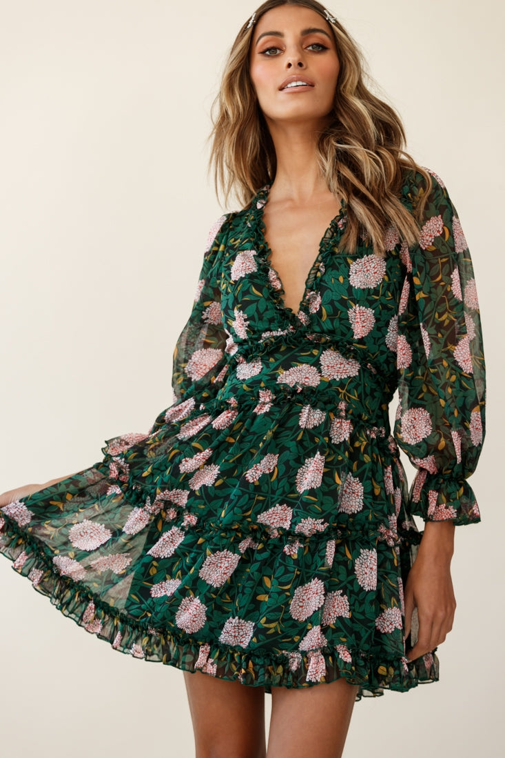 Laney Cutout Back Ruffle Trim Dress Floral Print Green-Maymioy