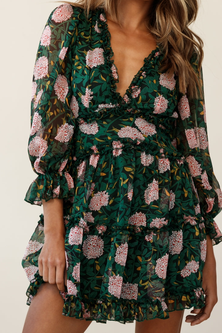 Laney Cutout Back Ruffle Trim Dress Floral Print Green-Maymioy