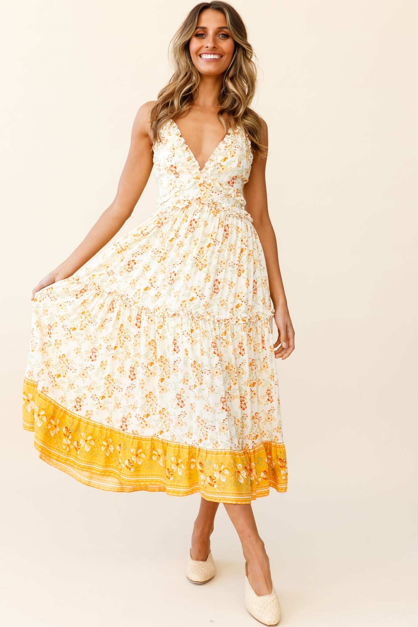 Laney Low Back Cami Strap Midi Dress Hibiscus Print Mustard-Maymioy