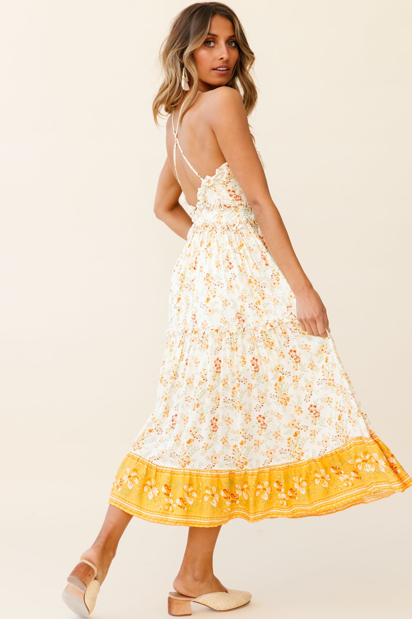 Laney Low Back Cami Strap Midi Dress Hibiscus Print Mustard-Maymioy