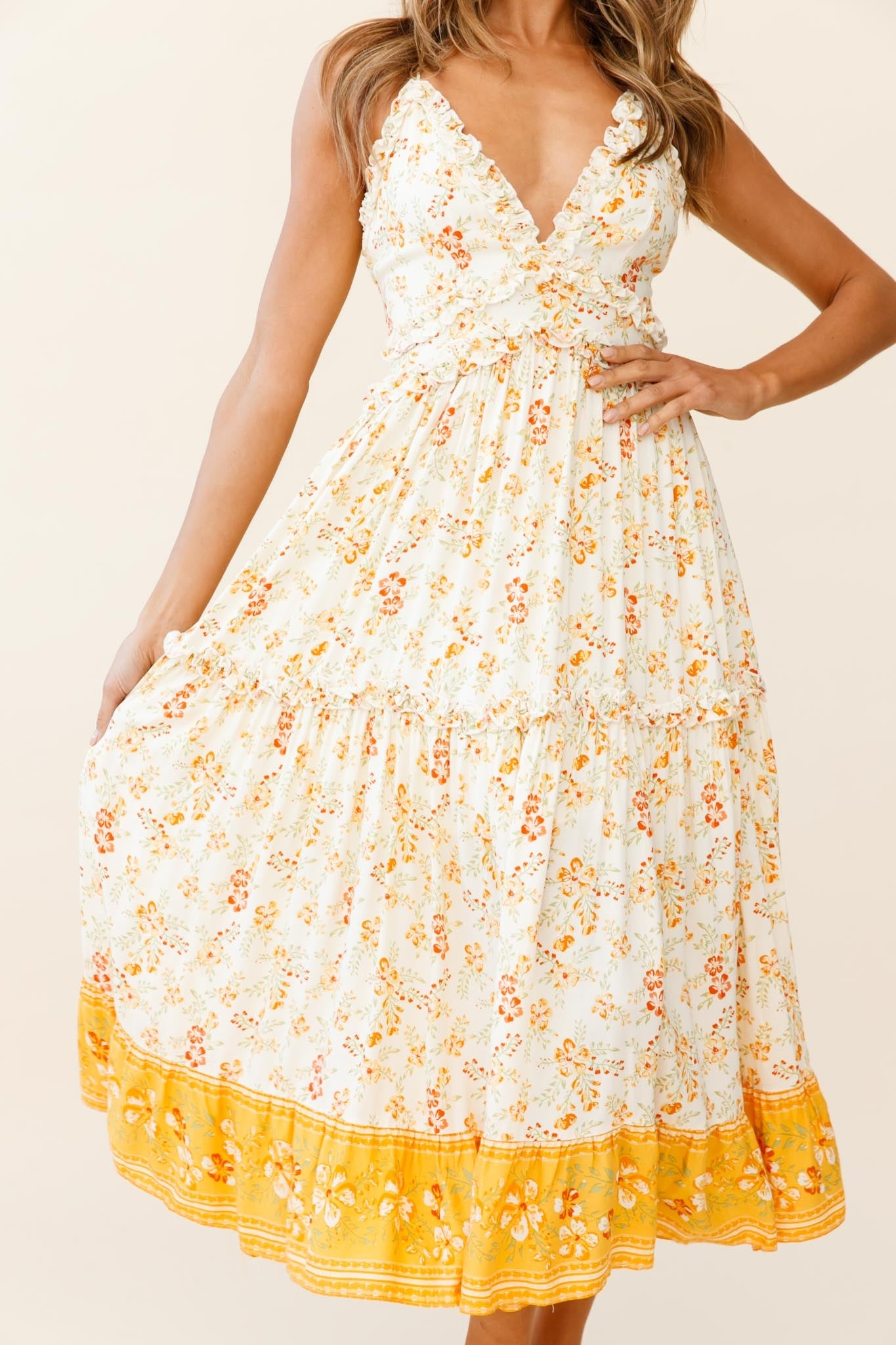 Laney Low Back Cami Strap Midi Dress Hibiscus Print Mustard-Maymioy