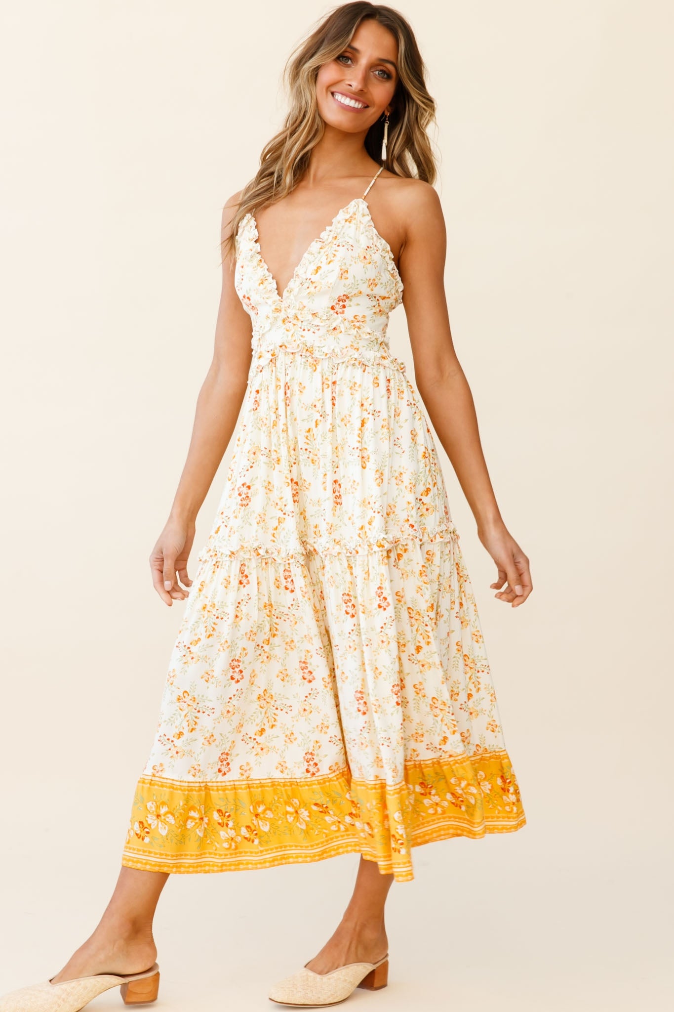 Laney Low Back Cami Strap Midi Dress Hibiscus Print Mustard-Maymioy