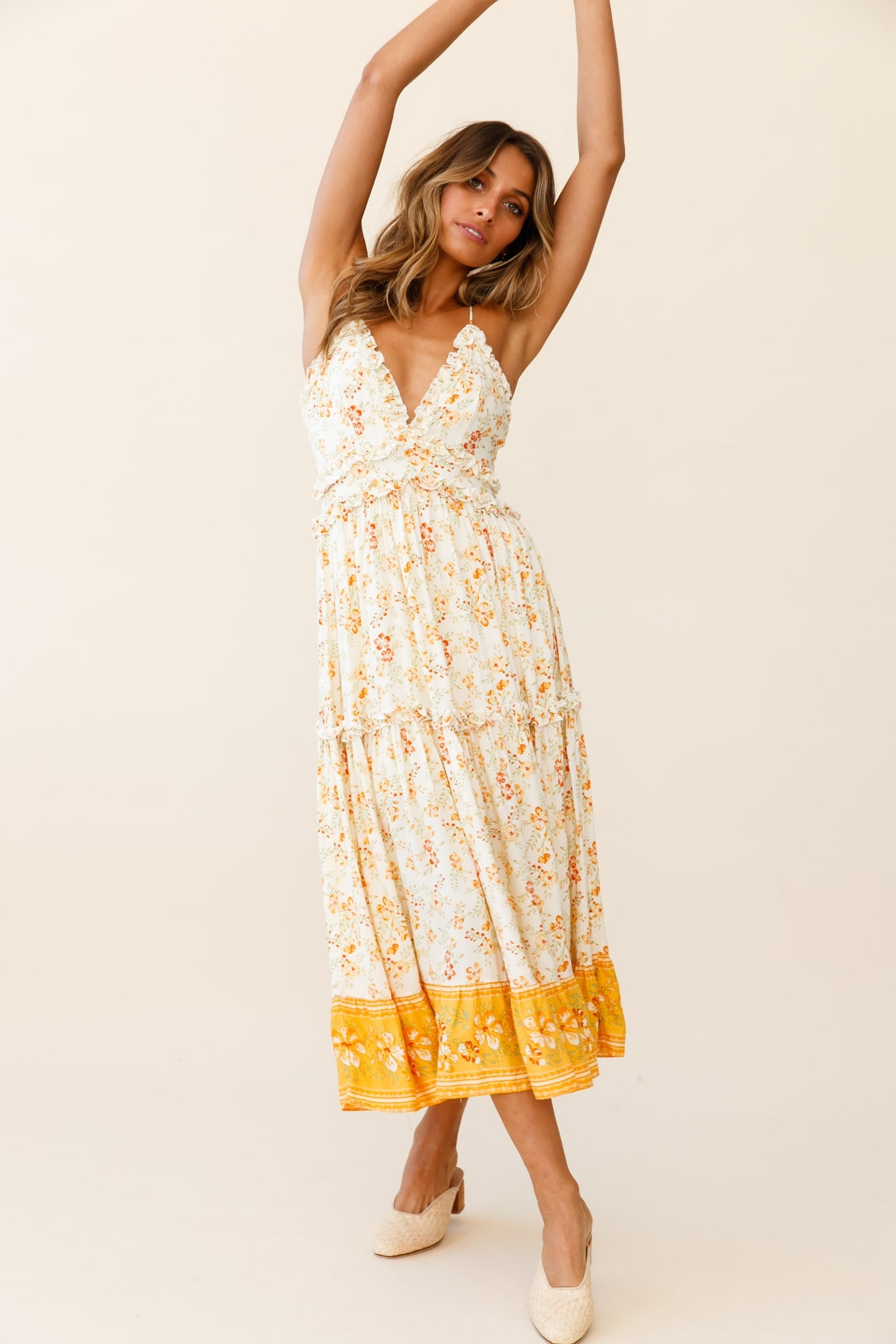 Laney Low Back Cami Strap Midi Dress Hibiscus Print Mustard-Maymioy