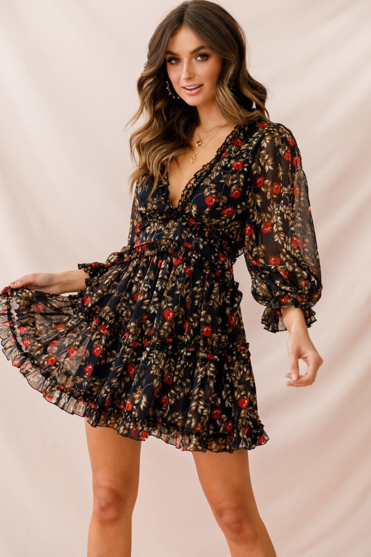 Laney Cutout Back Ruffle Trim Dress Navy-Maymioy