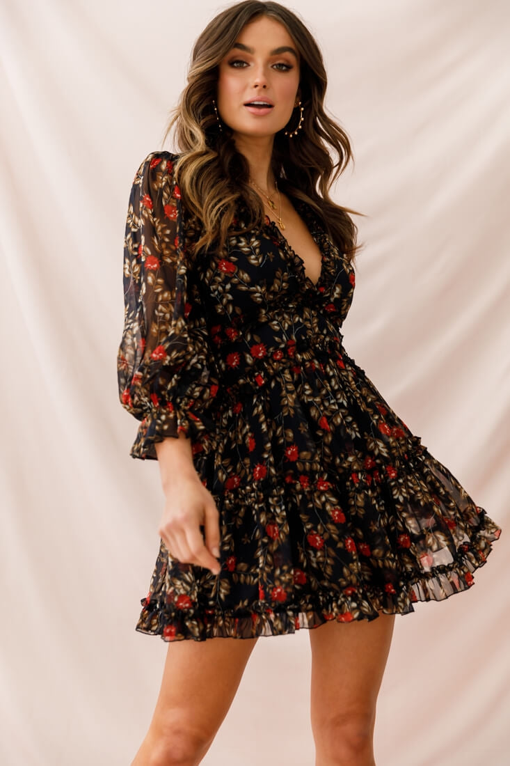 Laney Cutout Back Ruffle Trim Dress Navy-Maymioy