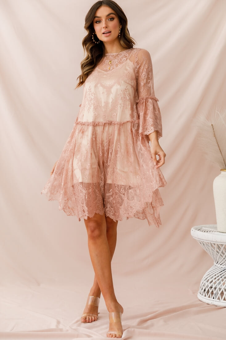 Birdie Lace Overlay Swing Dress Nude-Maymioy