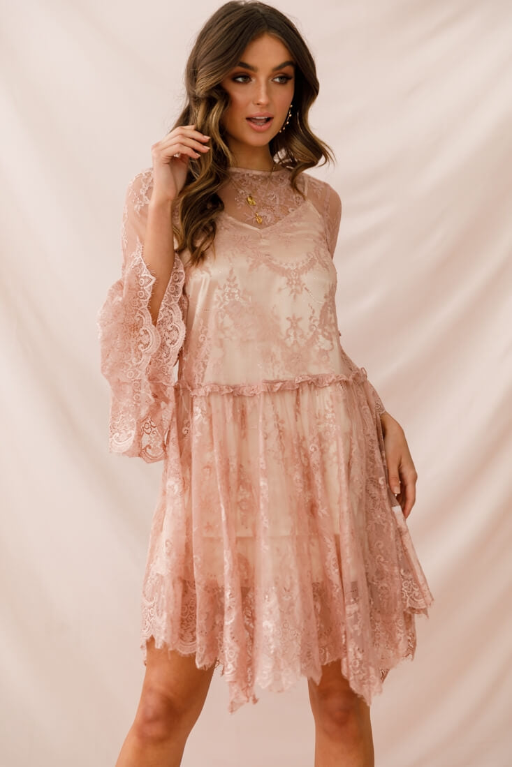 Birdie Lace Overlay Swing Dress Nude-Maymioy