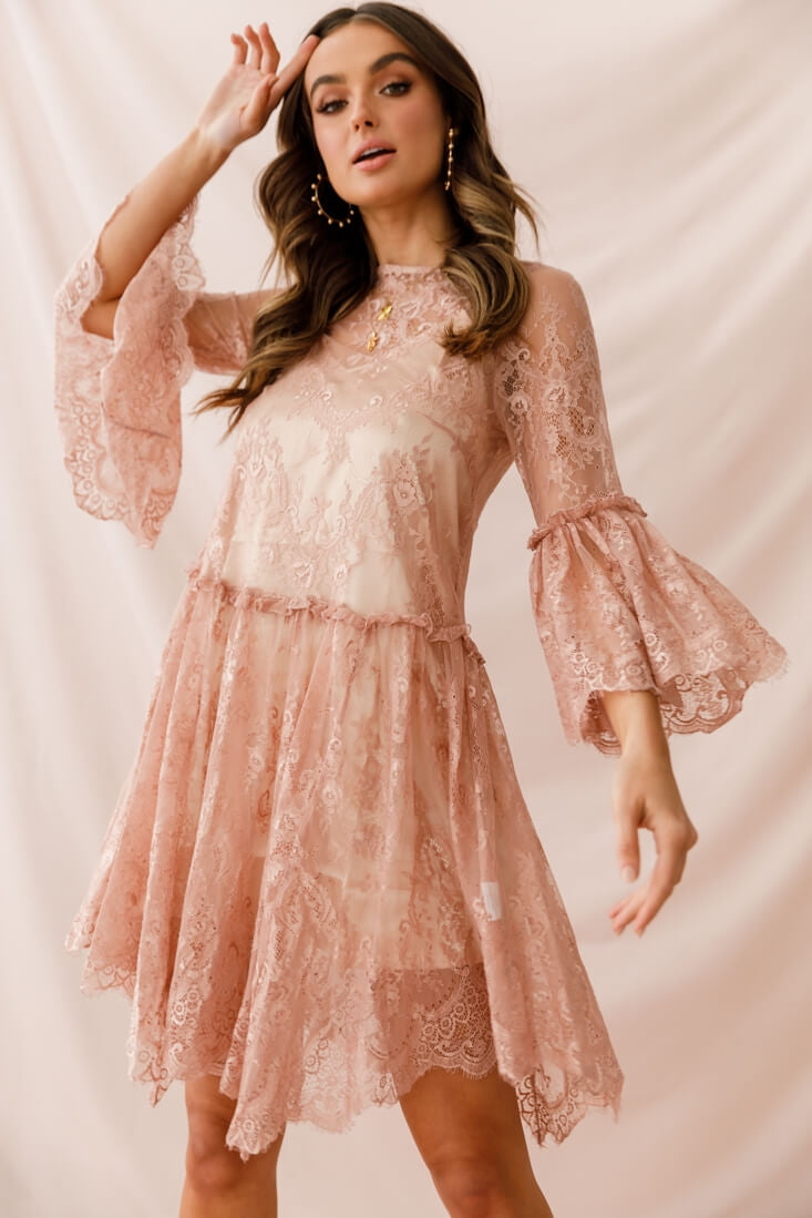 Birdie Lace Overlay Swing Dress Nude-Maymioy