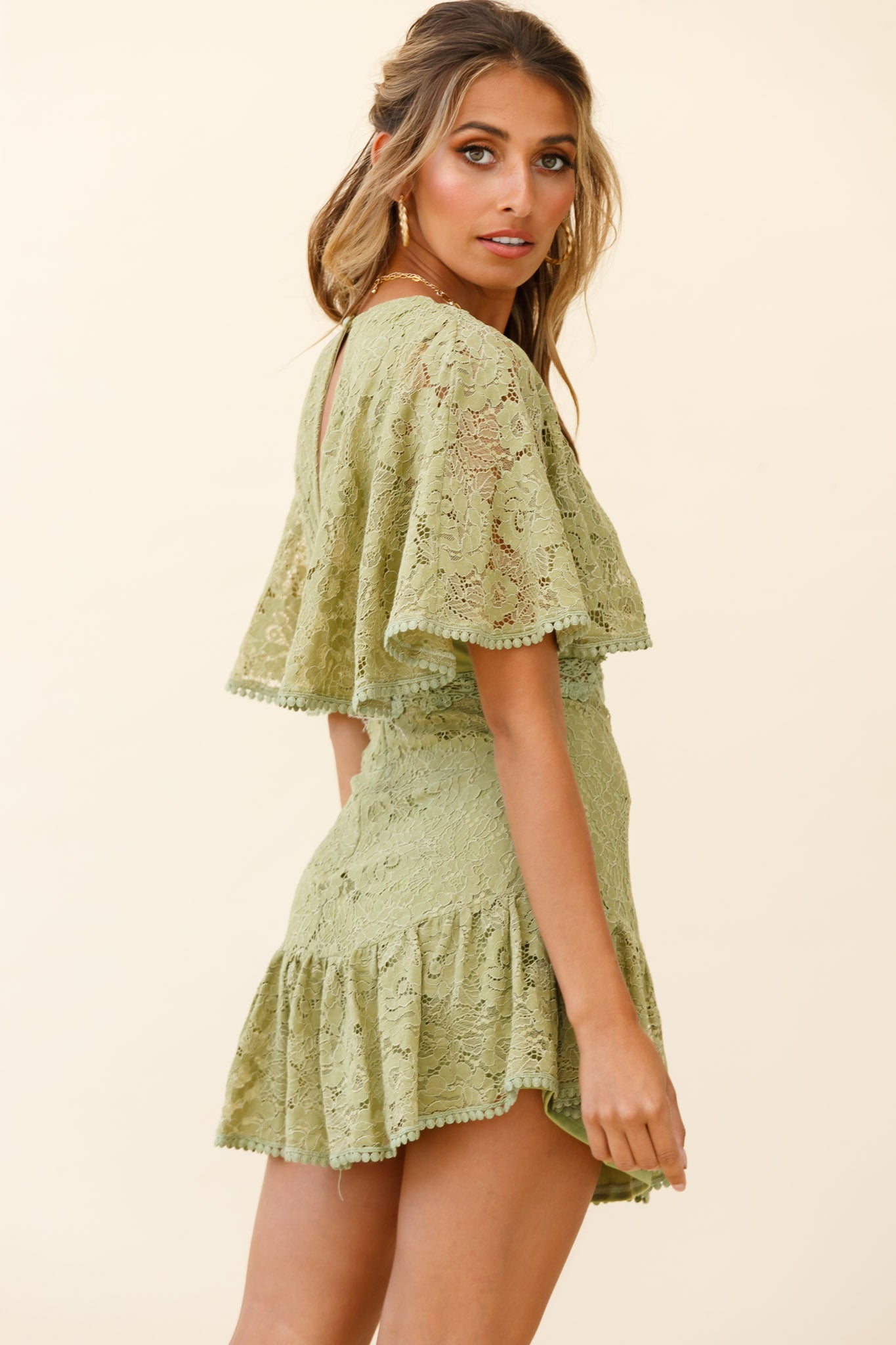 Geneva Cape Sleeve Lace Dress Khaki-Maymioy