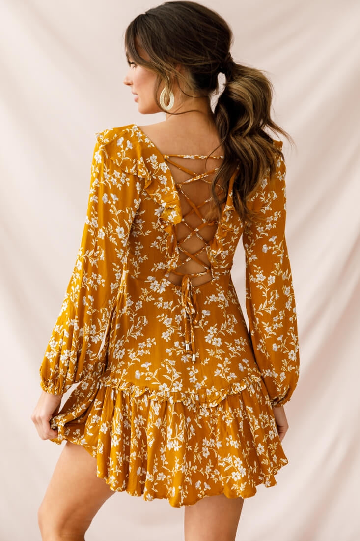 Brentwood Lace Up Babydoll Dress Mustard-Maymioy