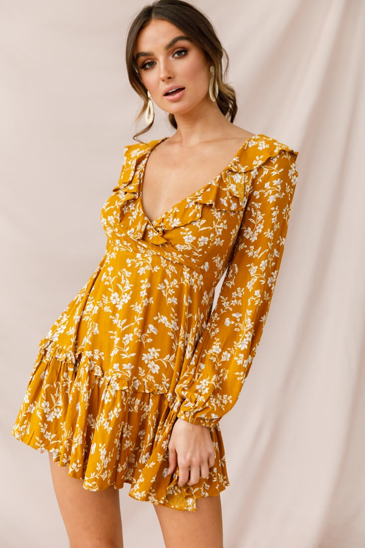 Brentwood Lace Up Babydoll Dress Mustard-Maymioy