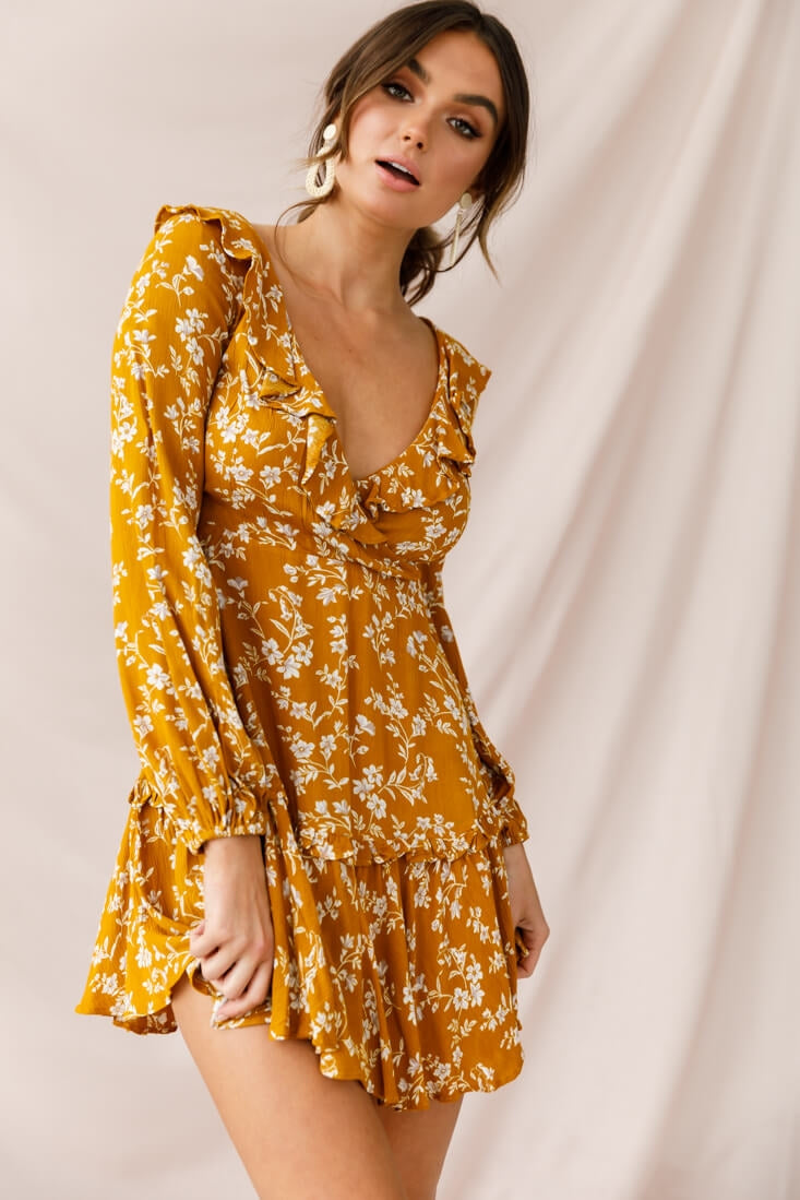 Brentwood Lace Up Babydoll Dress Mustard-Maymioy