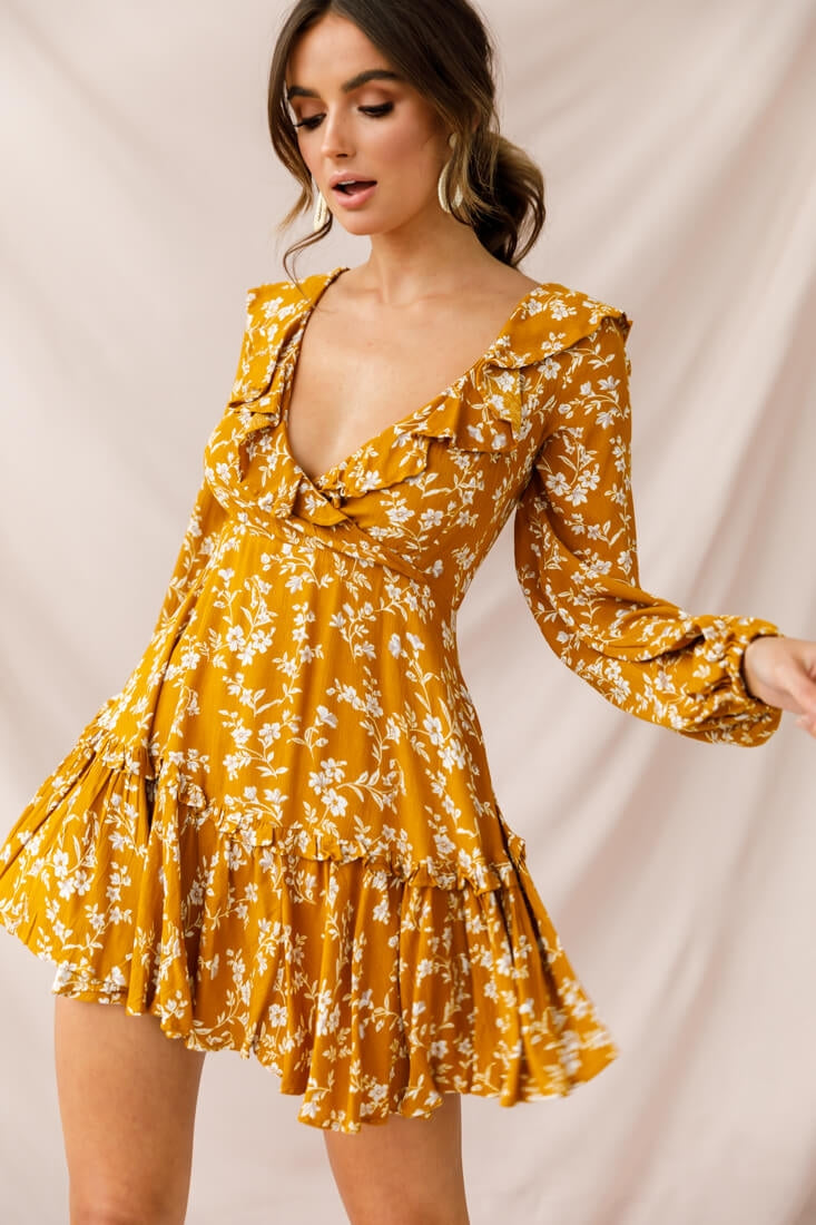 Brentwood Lace Up Babydoll Dress Mustard-Maymioy