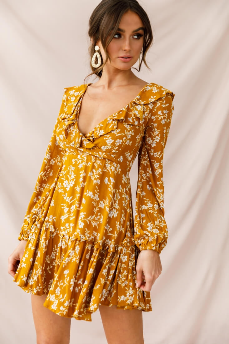 Brentwood Lace Up Babydoll Dress Mustard-Maymioy