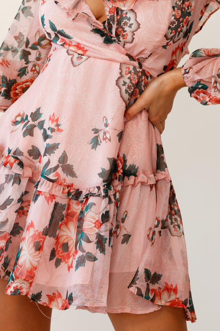 Brentwood Lace Up Babydoll Dress Floral Print Pink-Maymioy