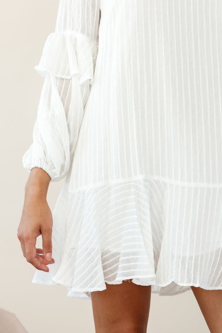 Cate Crew Neckline Balloon Sleeve Frill Dress White-Maymioy