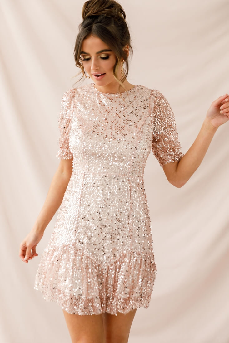 Shine On Sequin Overlay Puff Sleeve Dress Gold-Maymioy