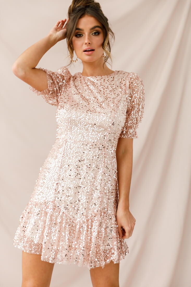 Shine On Sequin Overlay Puff Sleeve Dress Gold-Maymioy