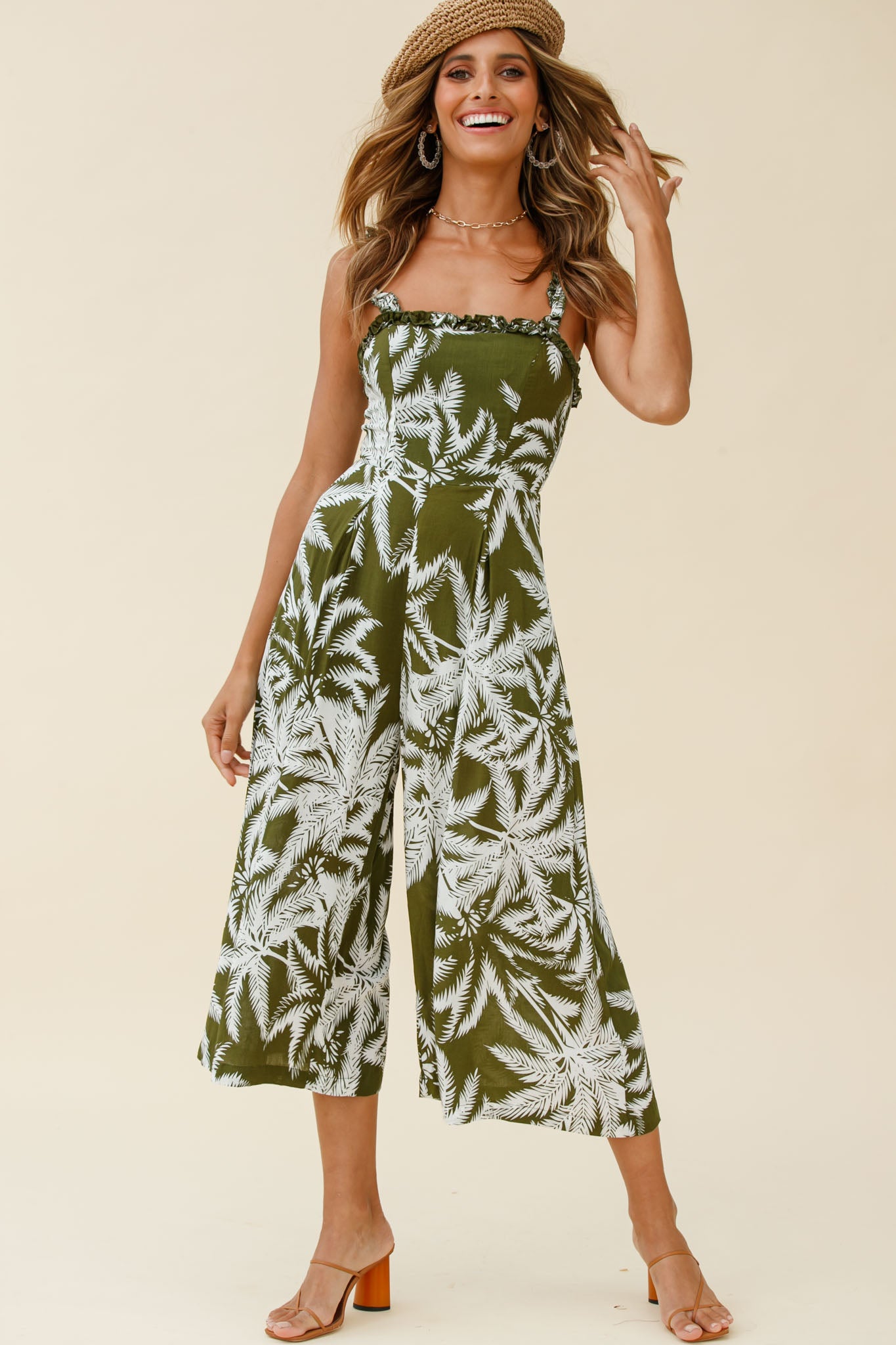 Magdalene Frill Strap Midi Jumpsuit Palm Print Olive-Maymioy
