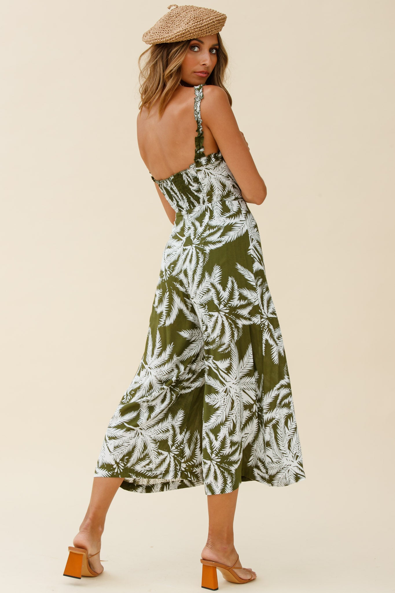 Magdalene Frill Strap Midi Jumpsuit Palm Print Olive-Maymioy