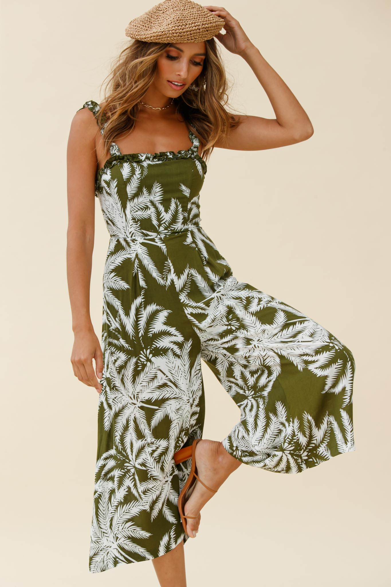 Magdalene Frill Strap Midi Jumpsuit Palm Print Olive-Maymioy