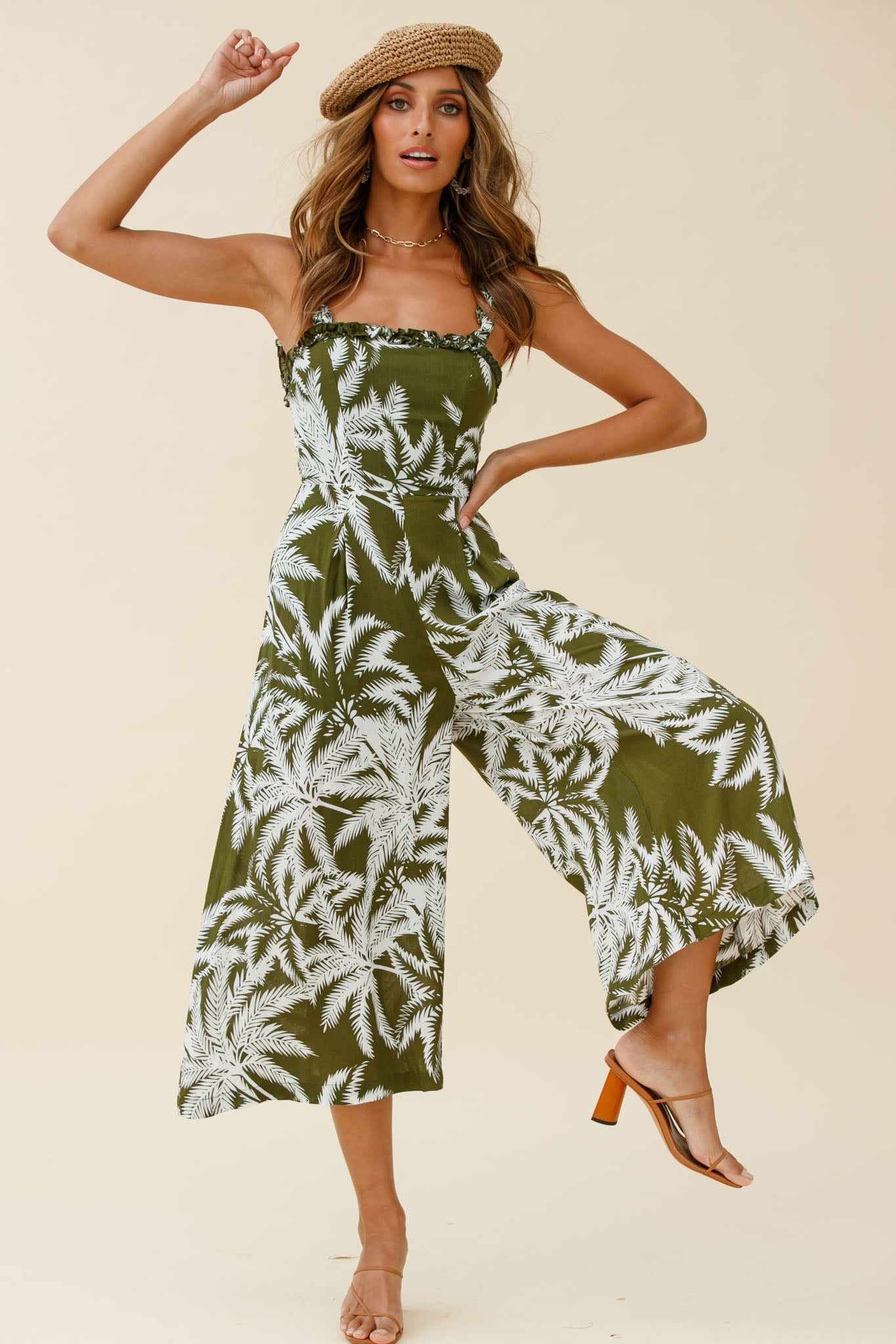 Magdalene Frill Strap Midi Jumpsuit Palm Print Olive-Maymioy
