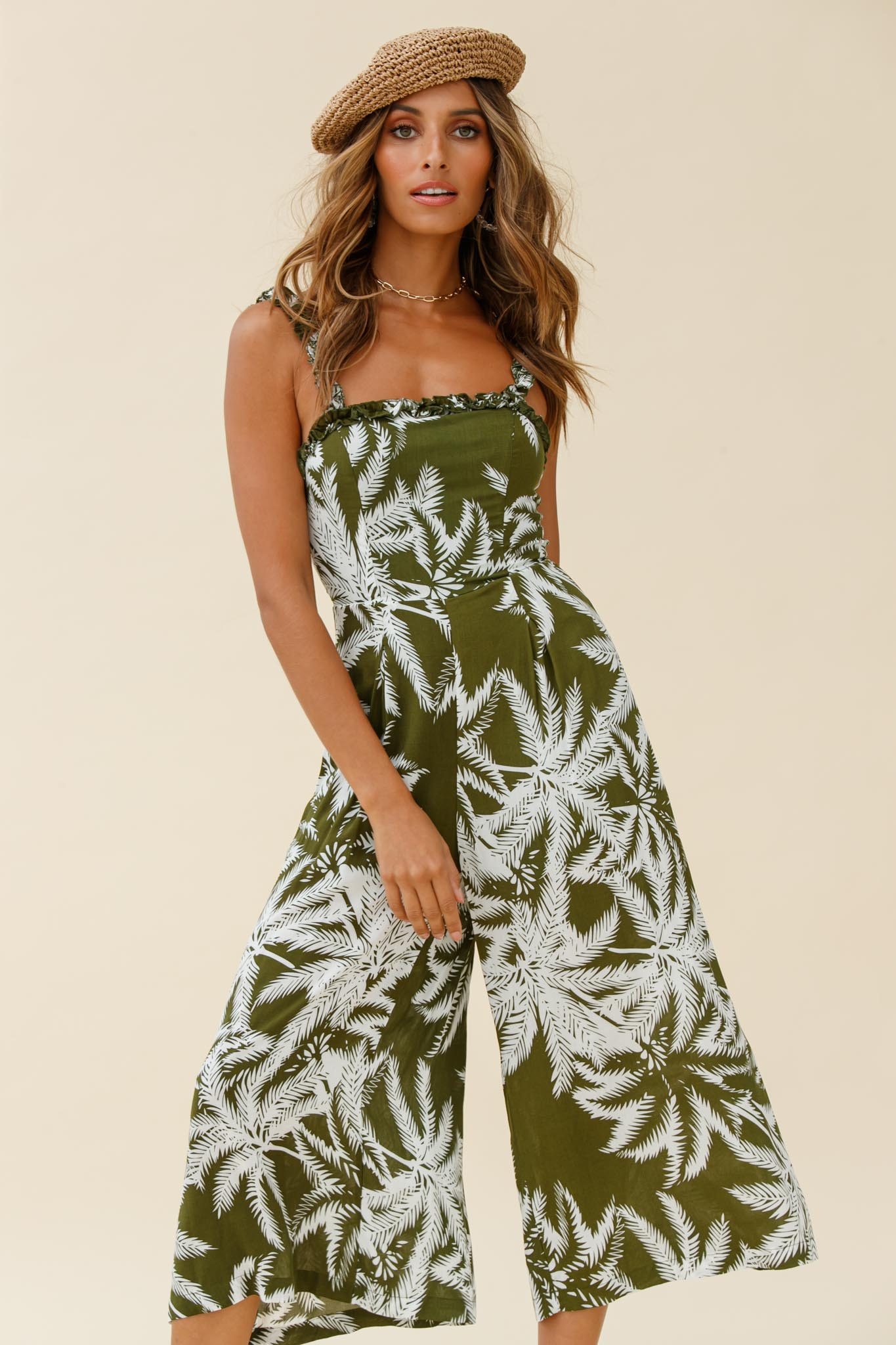 Magdalene Frill Strap Midi Jumpsuit Palm Print Olive-Maymioy