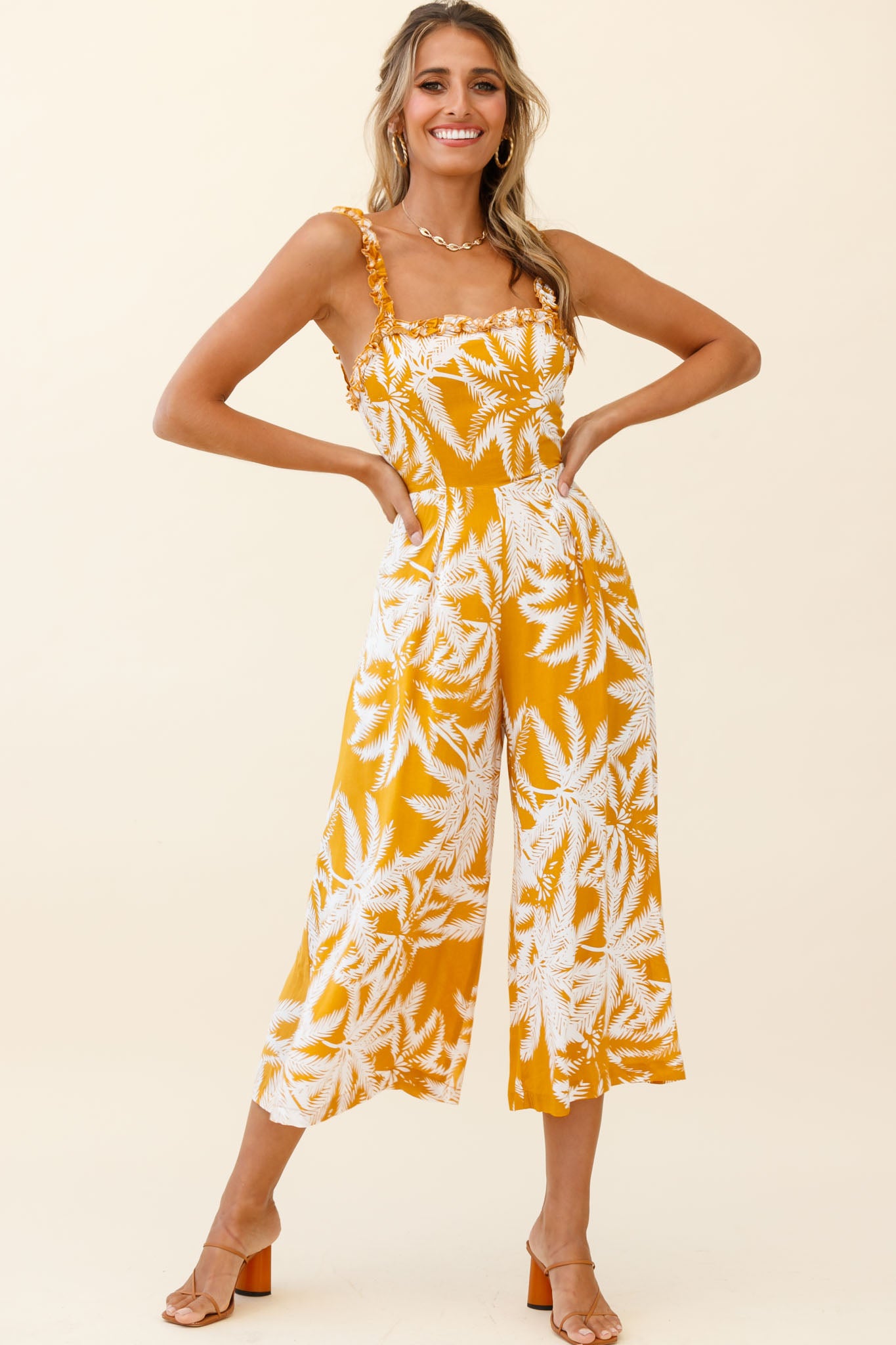 Magdalene Frill Strap Midi Jumpsuit Palm Print Yellow-Maymioy