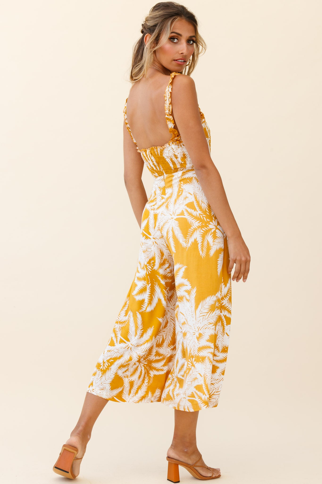 Magdalene Frill Strap Midi Jumpsuit Palm Print Yellow-Maymioy
