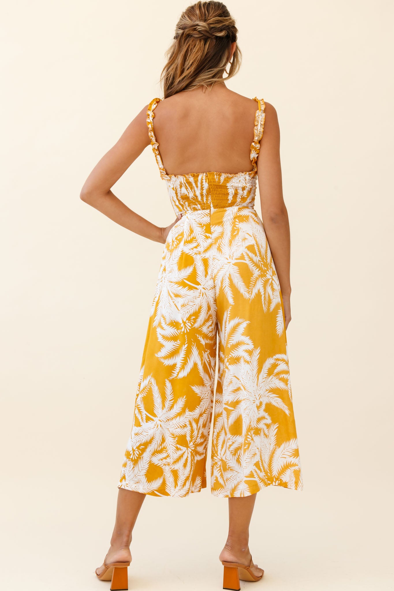 Magdalene Frill Strap Midi Jumpsuit Palm Print Yellow-Maymioy