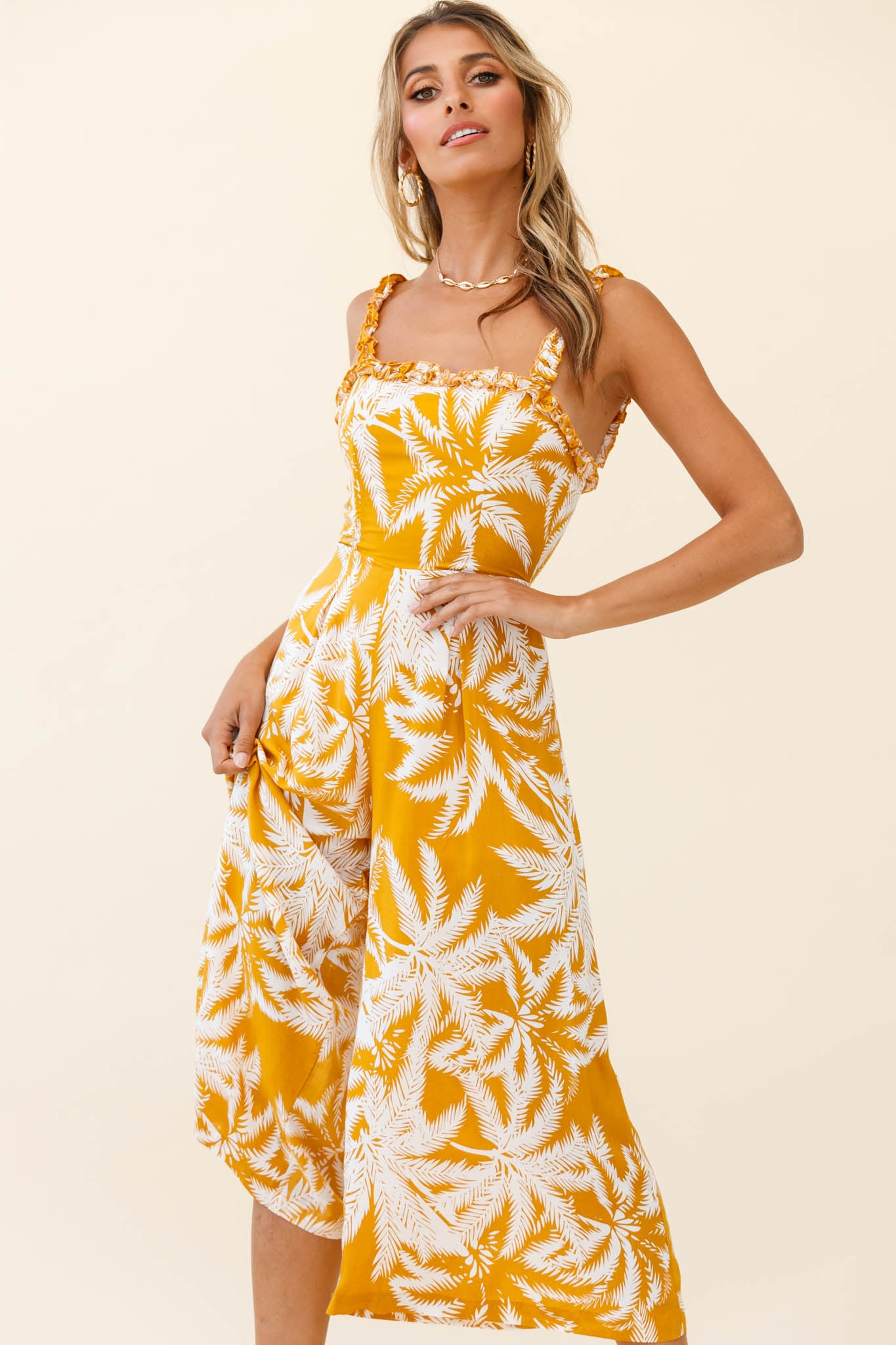 Magdalene Frill Strap Midi Jumpsuit Palm Print Yellow-Maymioy