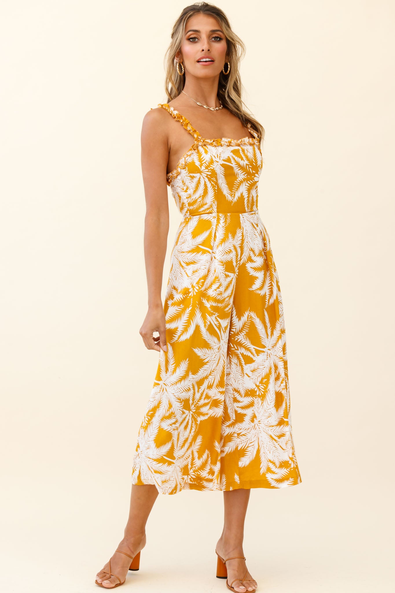 Magdalene Frill Strap Midi Jumpsuit Palm Print Yellow-Maymioy