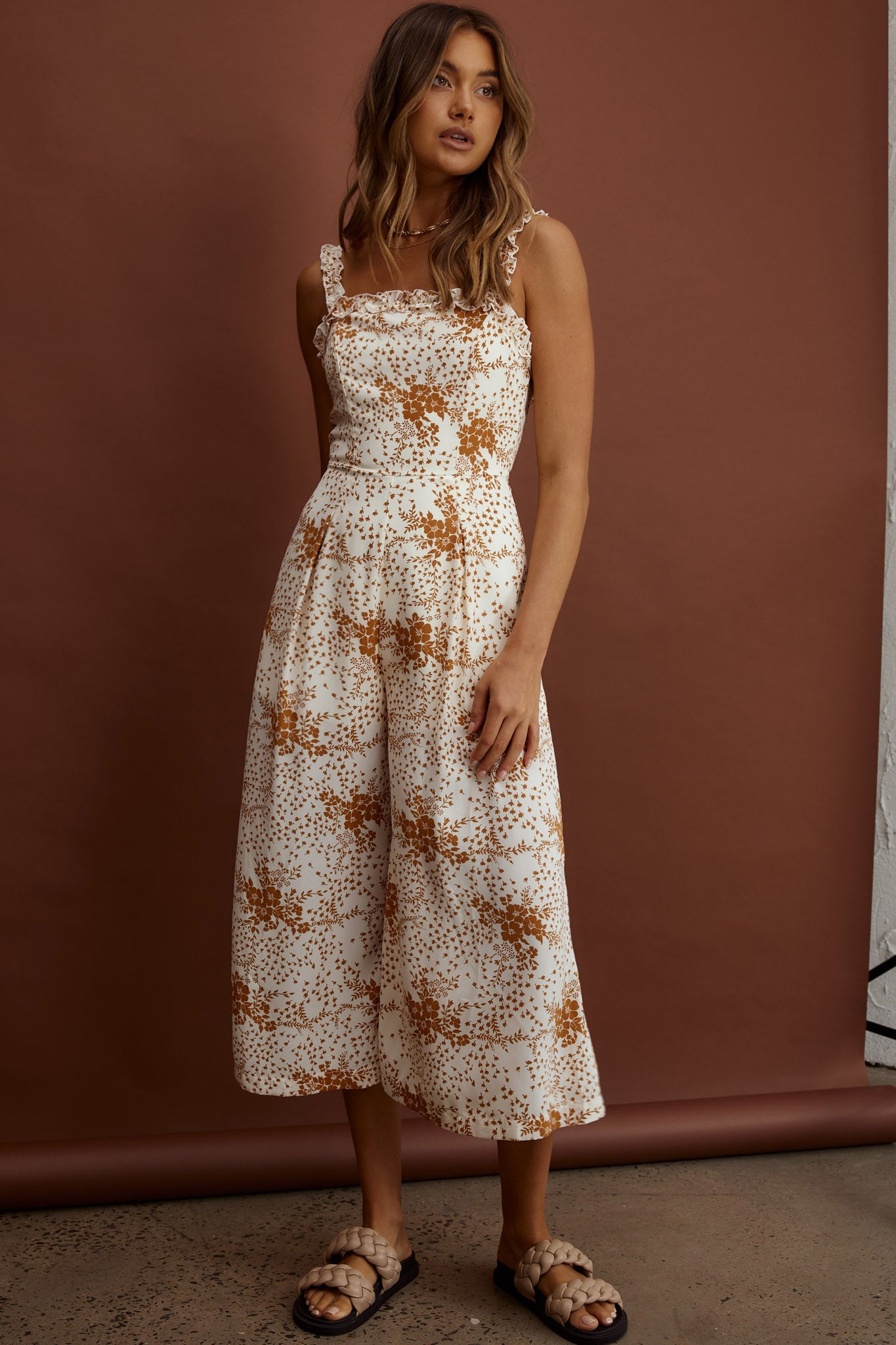Magdalene Frill Strap Midi Jumpsuit Vintage Floral Tan-Maymioy
