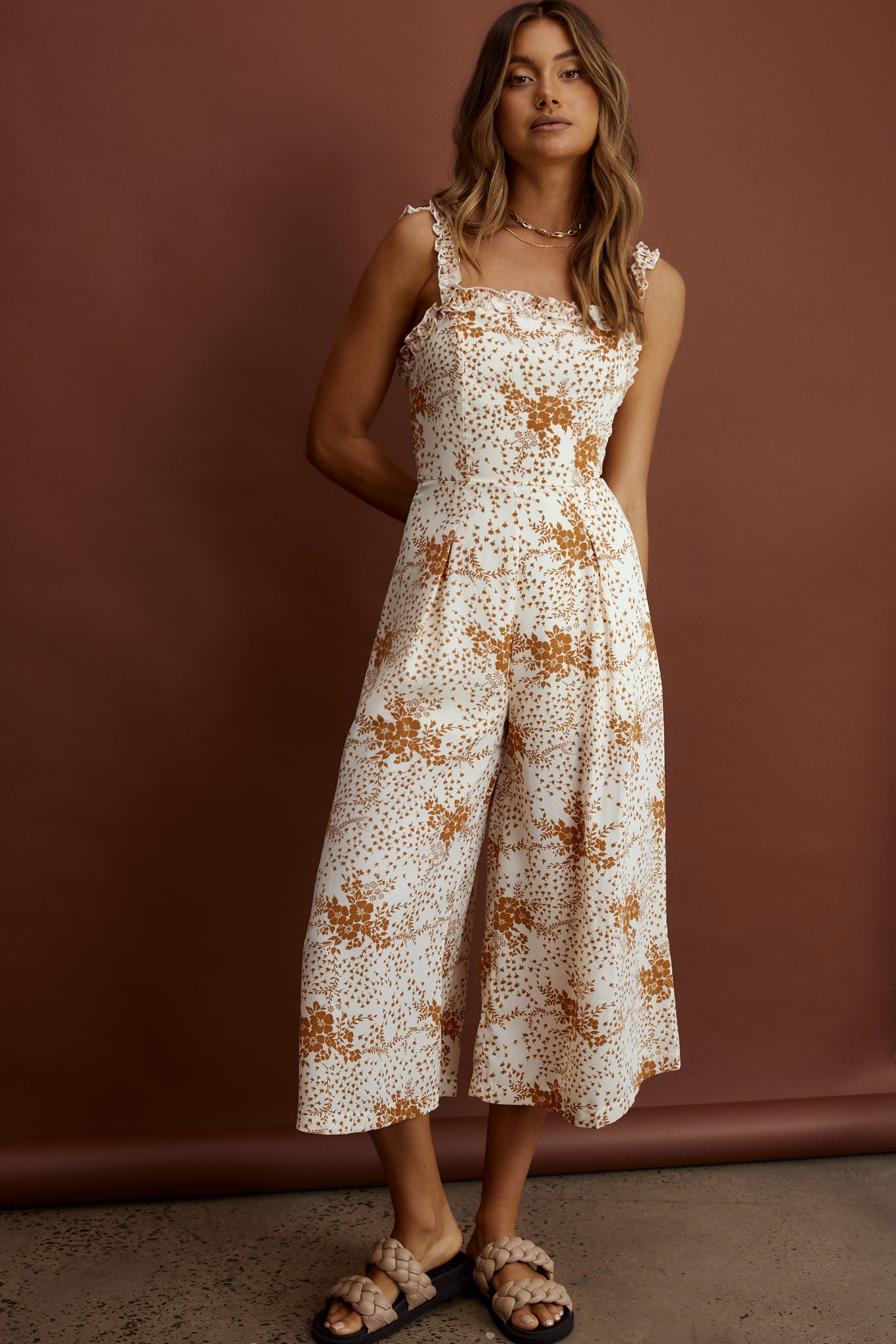 Magdalene Frill Strap Midi Jumpsuit Vintage Floral Tan-Maymioy