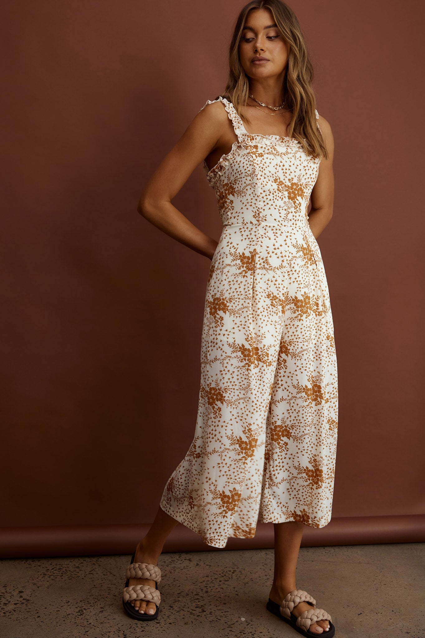 Magdalene Frill Strap Midi Jumpsuit Vintage Floral Tan-Maymioy