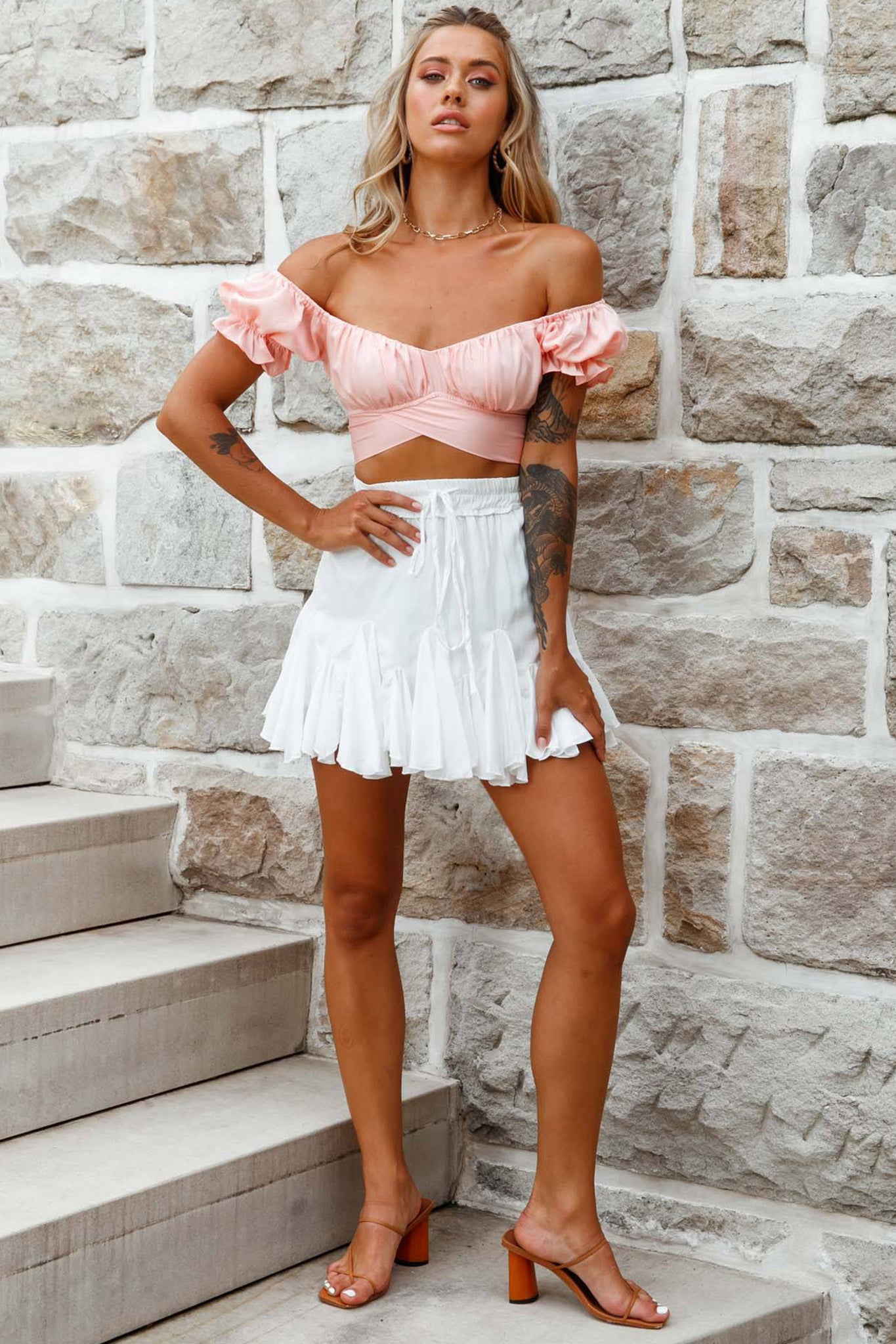 Linka Off-Shoulder Tie-Back Crop Top Blush-Maymioy
