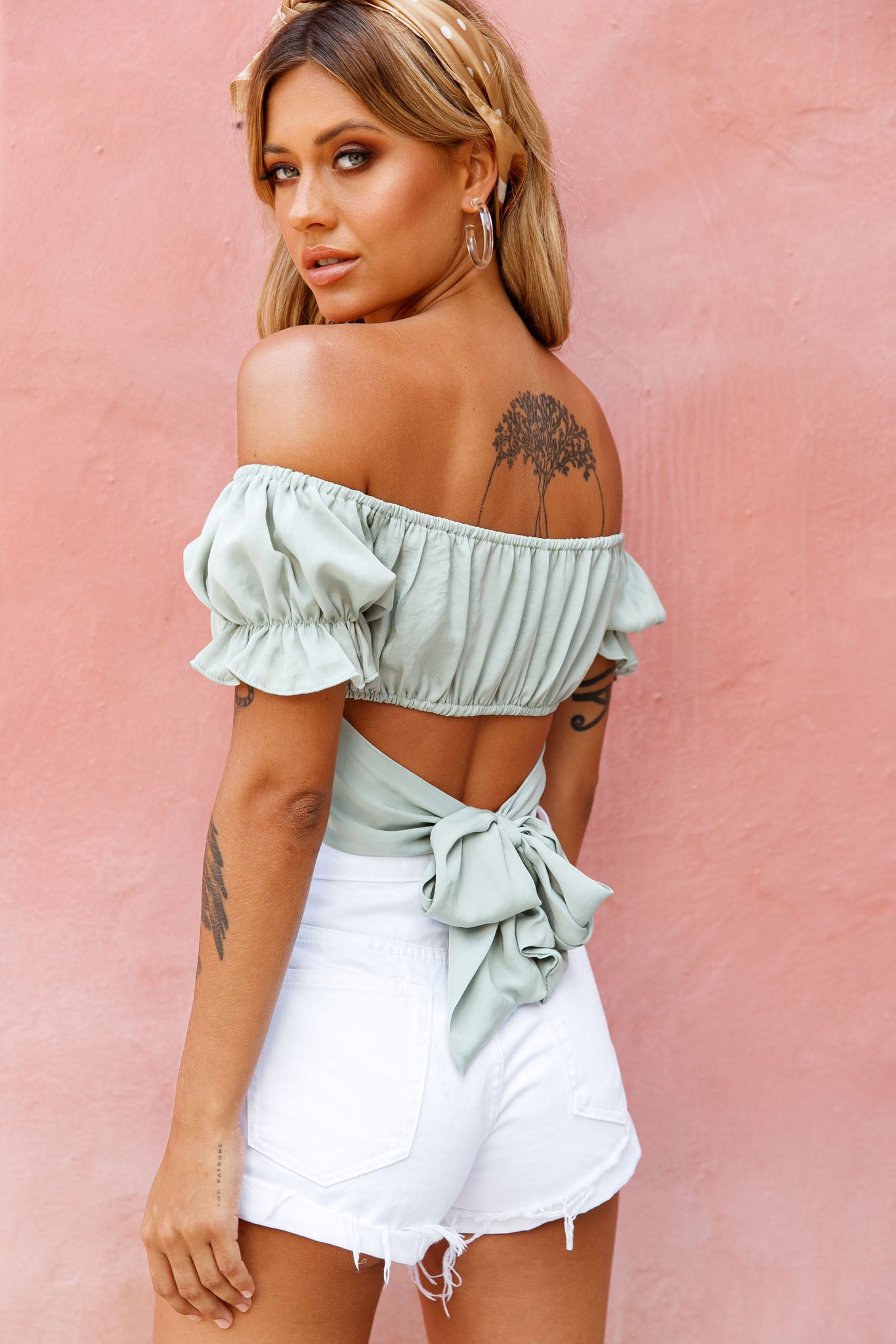 Linka Off-Shoulder Tie-Back Crop Top Pistachio-Maymioy