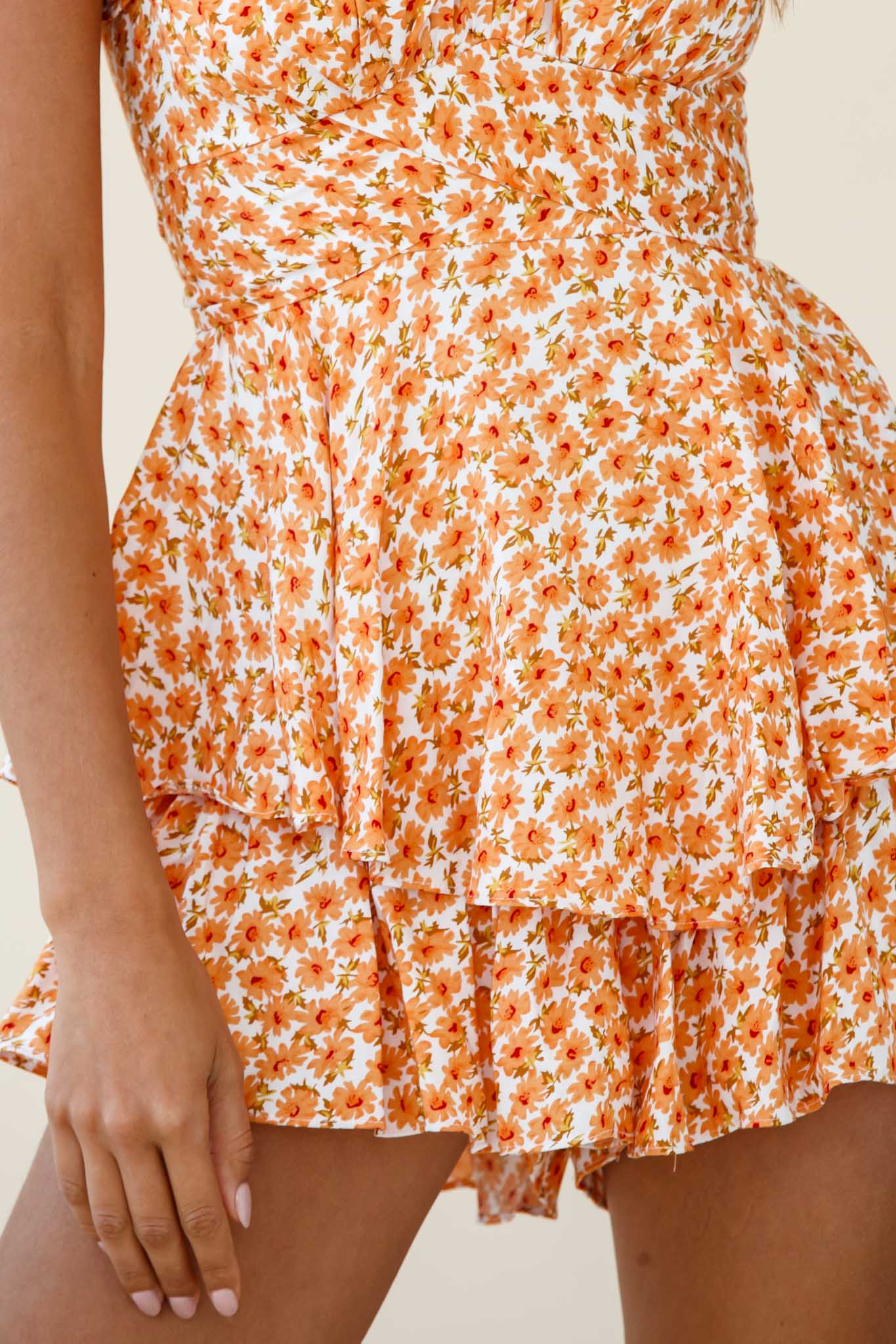 Linka Off-Shoulder Tie Back Romper Flower Print Orange-Maymioy