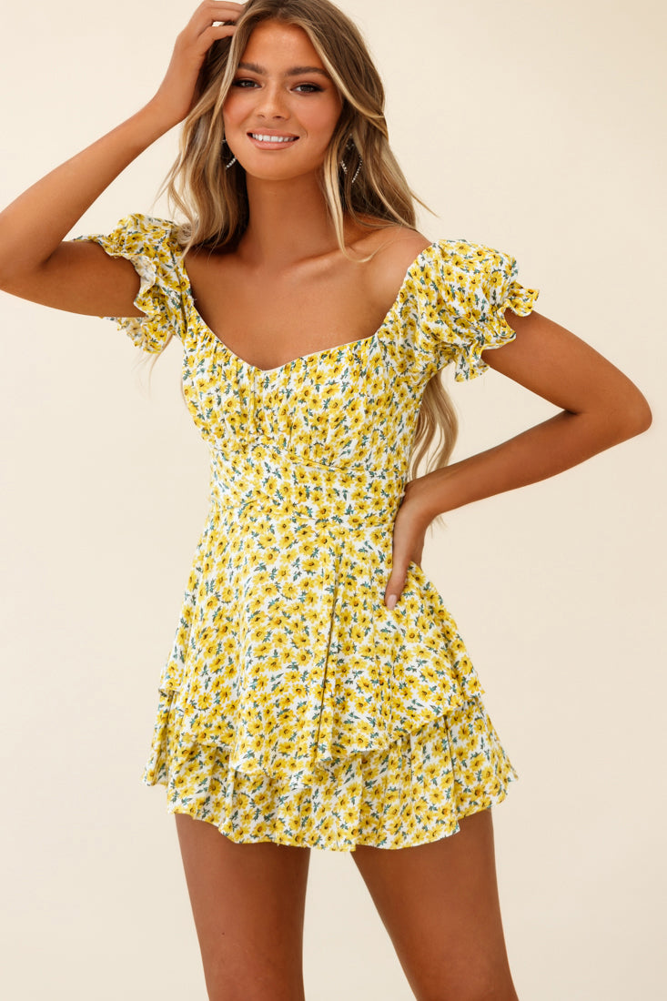 Linka Off-Shoulder Tie Back Romper Sunflower Print Yellow-Maymioy