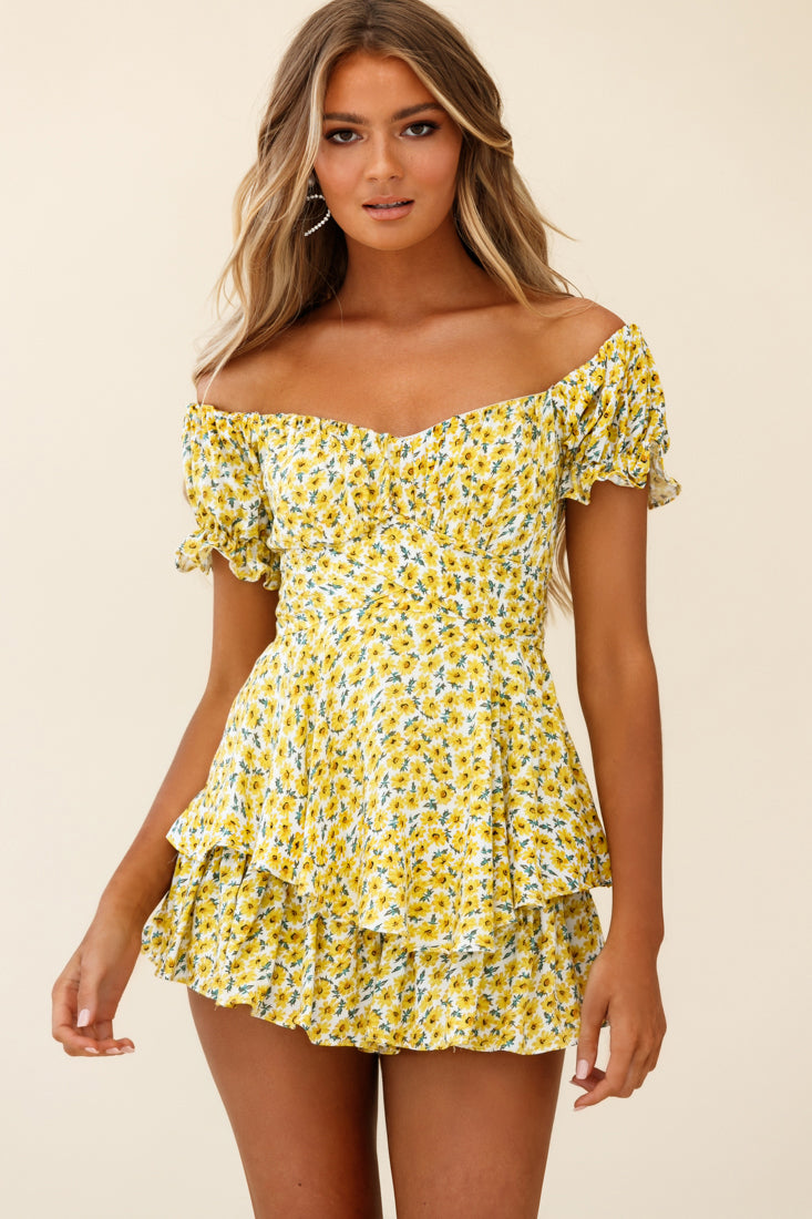 Linka Off-Shoulder Tie Back Romper Sunflower Print Yellow-Maymioy