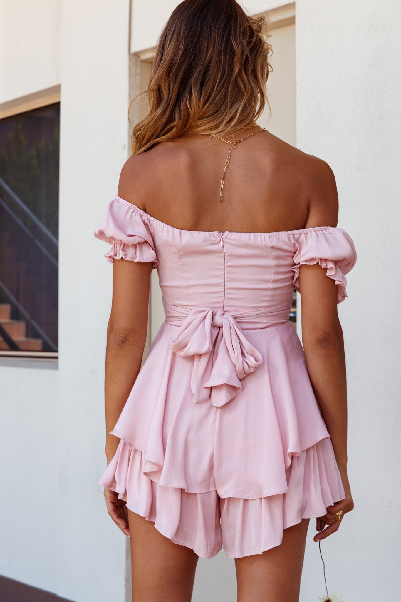 Linka Off-Shoulder Tie Back Romper Blush-Maymioy