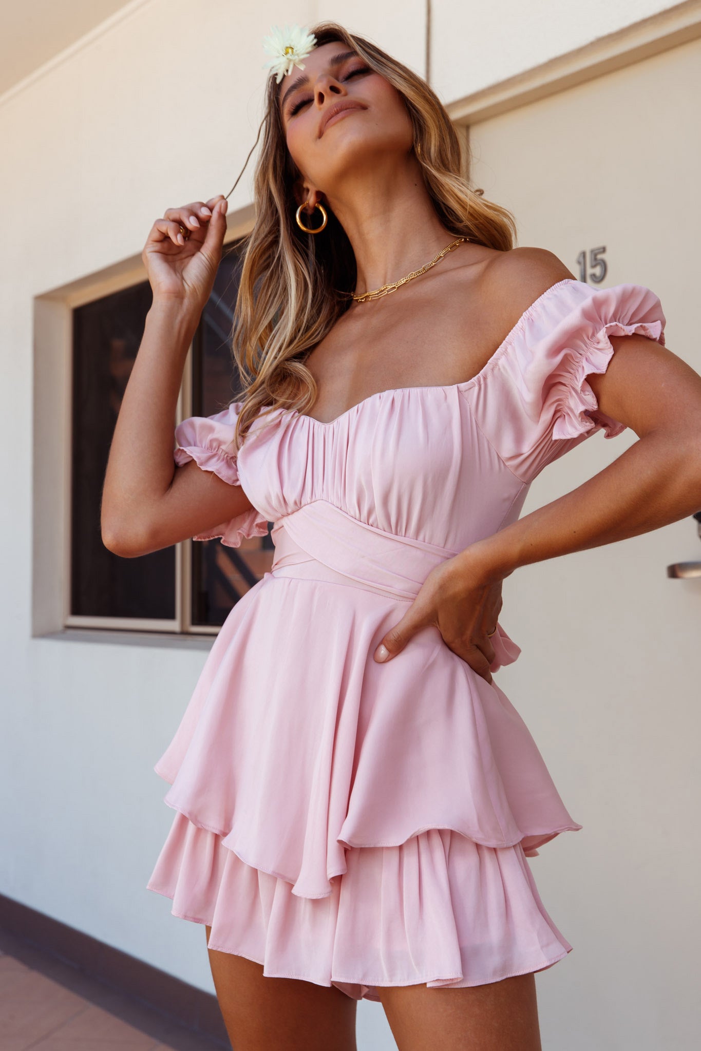 Linka Off-Shoulder Tie Back Romper Blush-Maymioy
