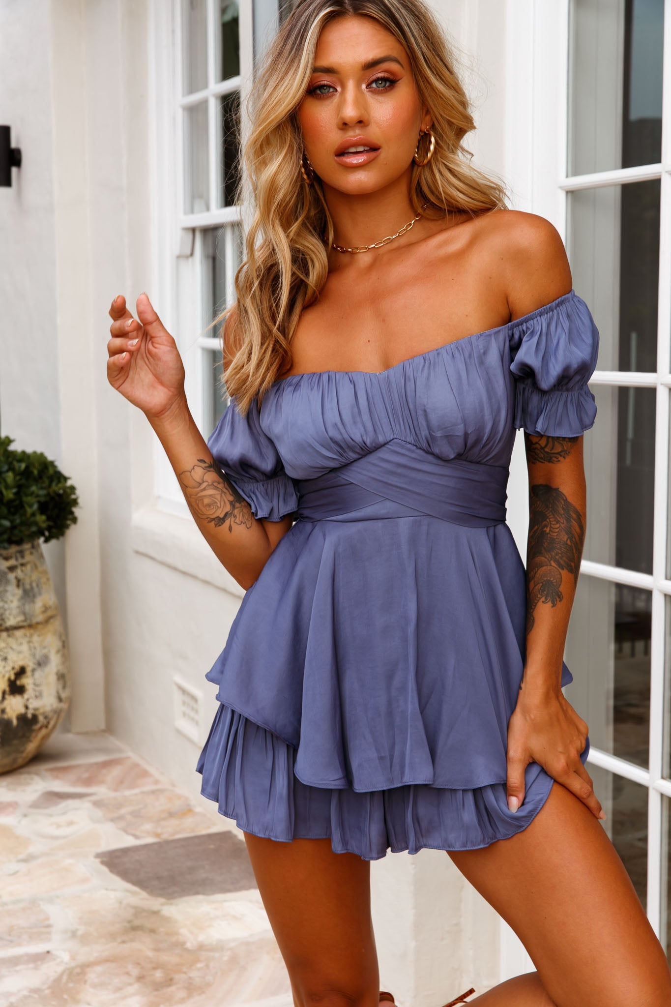 Linka Off-Shoulder Tie Back Romper Midnight Blue-Maymioy